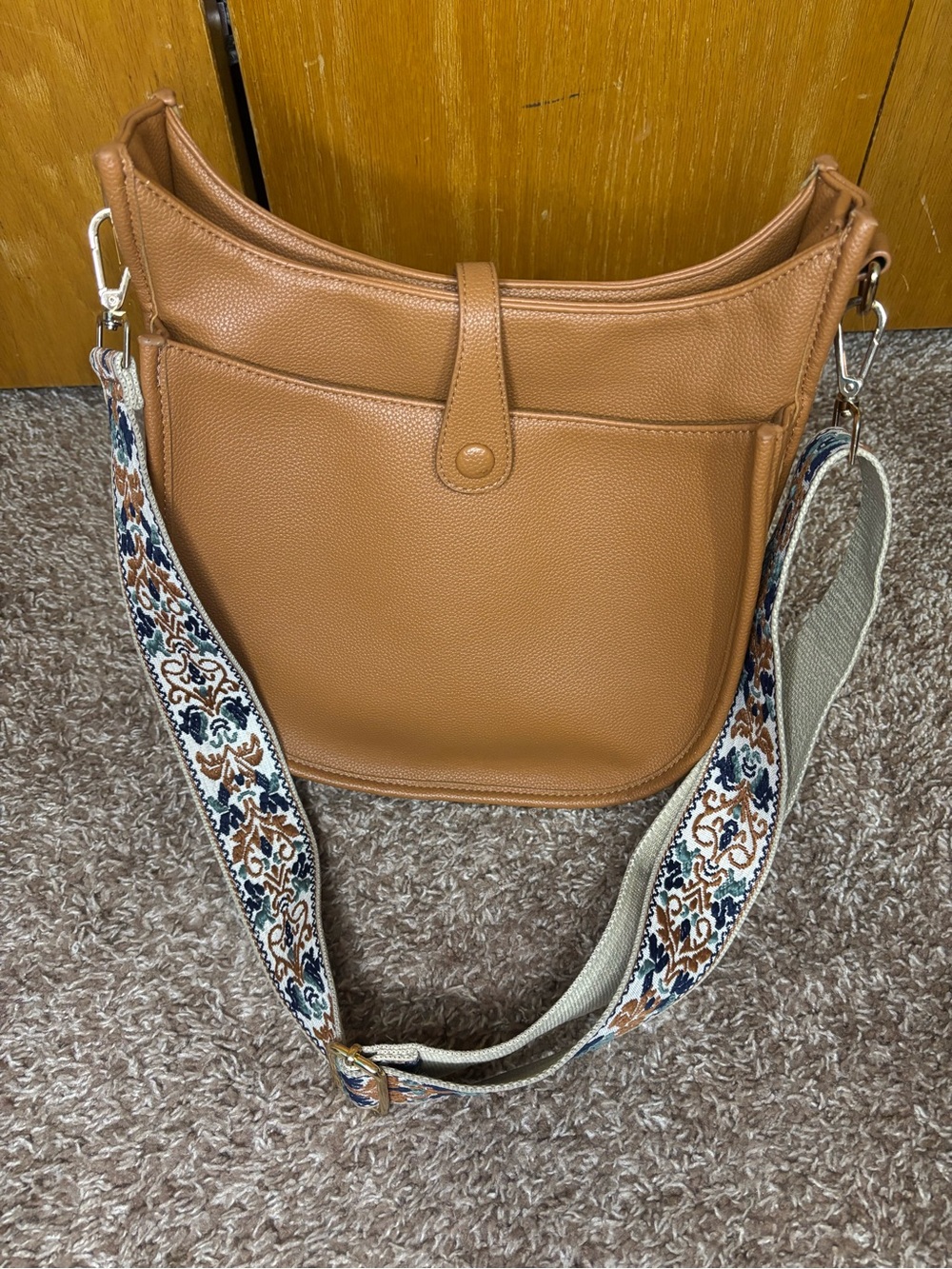 Tan Pebble-Leather Shoulder Bag with Patterned Strap